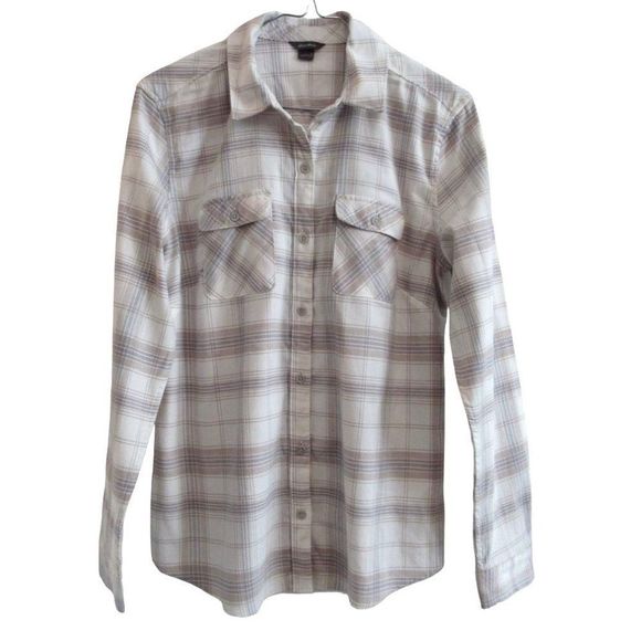 Eddie Bauer Tops - Women's Eddie Bauer Cream & Gray Plaid Flannel Shirt Button Up Top S